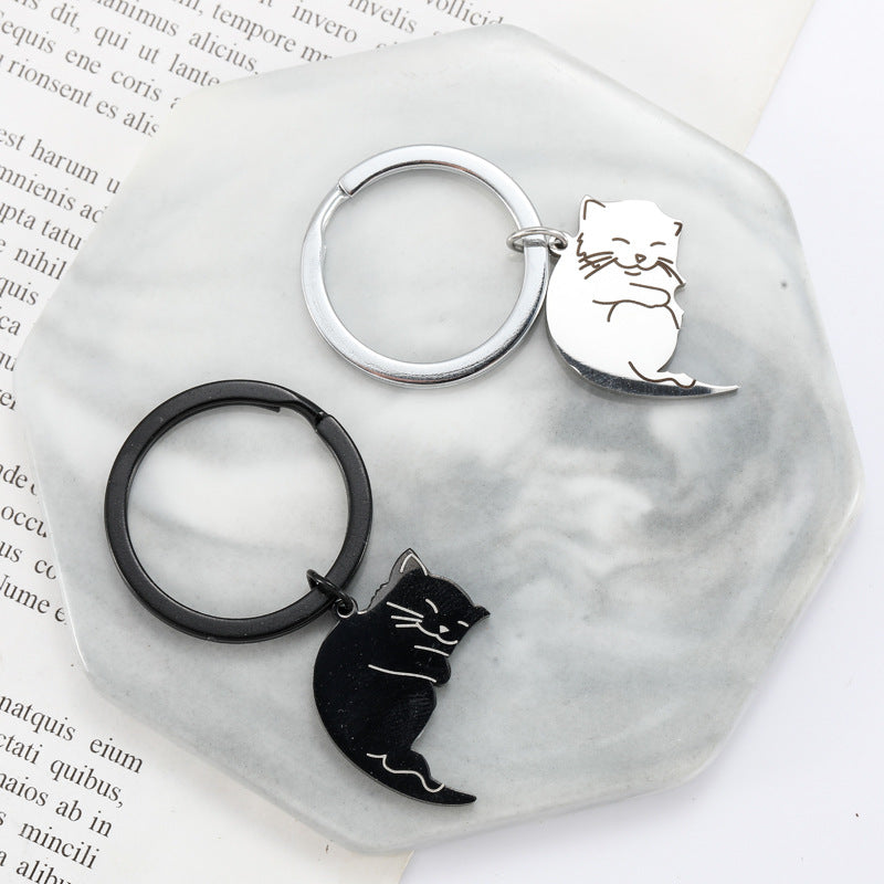 Wholesale Creative Cute Cartoon Black and White Cat Stainless Steel Couple Keychains